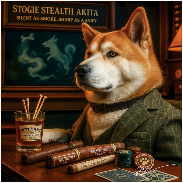 Stogie Stealth Akita Dog with Cigars Bar Lounge Scene Metal Art Print
