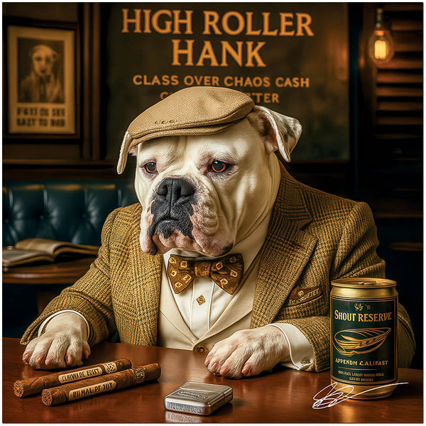 High Roller Hank American Bulldog Elegant Cigar Lounge Scene Metal Art Print