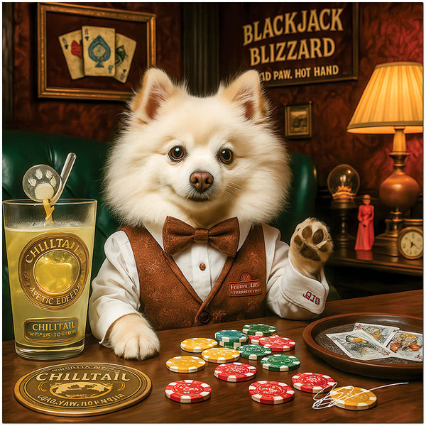 Blackjack Blizzard American Eskimo dog playing blackjack with cocktail and poker chips on ChromaLuxe Metal Print