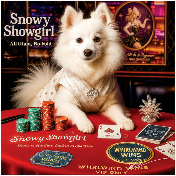 Snowy Showgirl American Eskimo dog at casino poker table with cards and chips on ChromaLuxe Metal Print