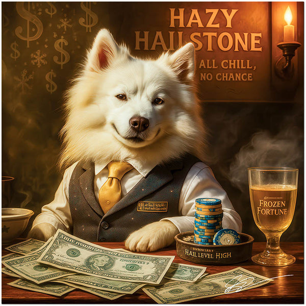 Hazy Hailstone American Eskimo dog in casino scene with money, chips, and drink on ChromaLuxe Metal Print