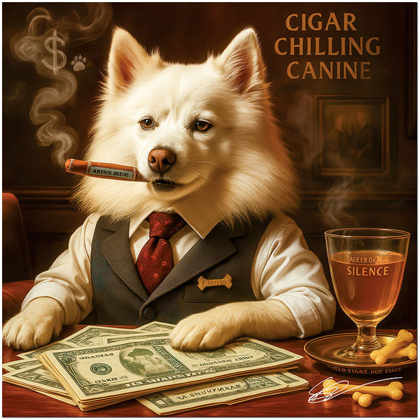 Cigar Chilling Canine American Eskimo dog enjoying cigar and drink in luxury bar scene printed on ChromaLuxe Metal Print