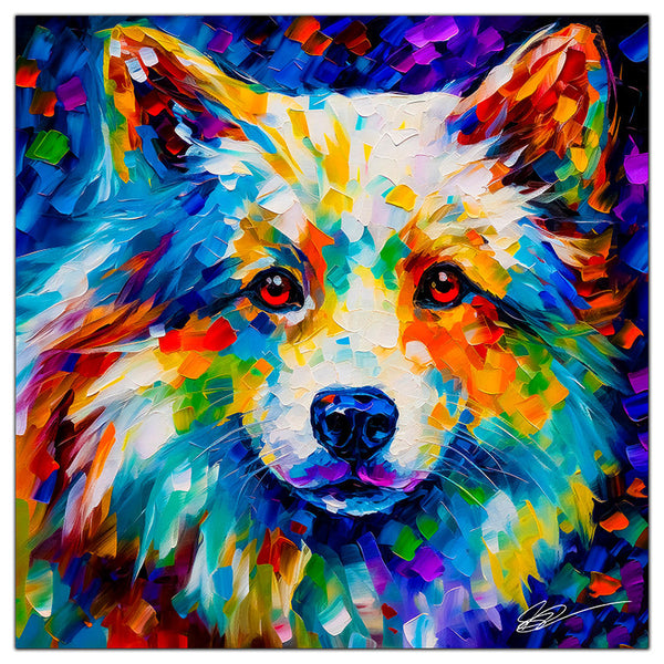 Colorful American Eskimo portrait in modern art style, perfect for home decor.