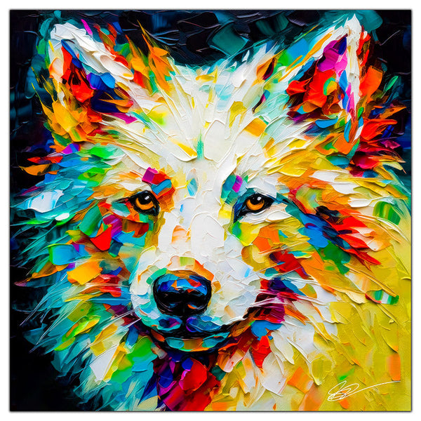 Colorful American Eskimo portrait in modern art style, perfect for home decor.