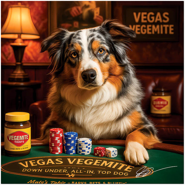Vegas Vegemite Australian Shepherd Dog Playing Poker with Chips and Dice at Casino Bar