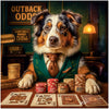 Outback Odds Australian Shepherd Dog Dealing Poker with Chips at Vintage Casino Table