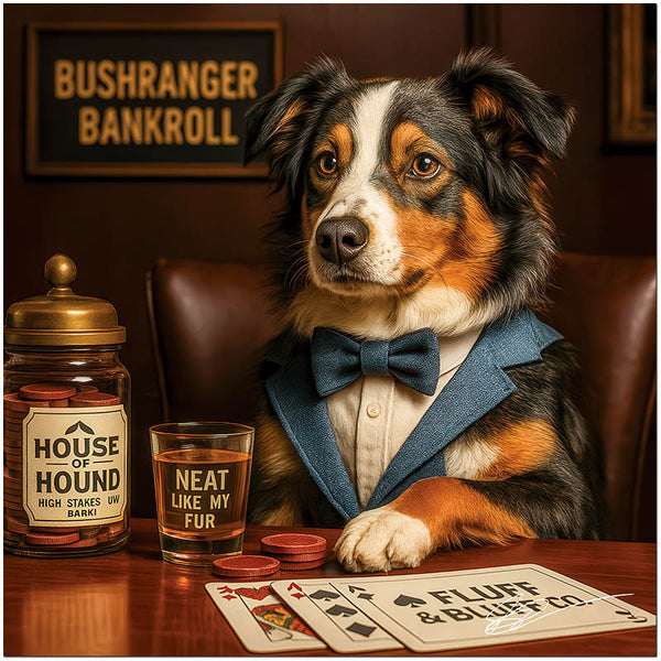 Bushranger Bankroll Australian Shepherd Dog Playing Poker with Whiskey at Elegant Bar Lounge