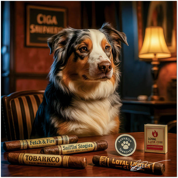 Cigar Shepherd Australian Shepherd Dog Enjoying Luxury Cigars in Elegant Lounge