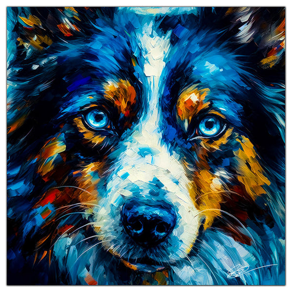 Colorful Australian Shepherd portrait in modern art style, perfect for home decor.