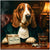 Hazy Howler Basset Hound Dog Lounging with Whiskey and Snoutbucks in Sophisticated Vintage Bar
