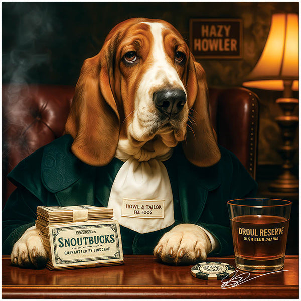 Hazy Howler Basset Hound Dog Lounging with Whiskey and Snoutbucks in Sophisticated Vintage Bar
