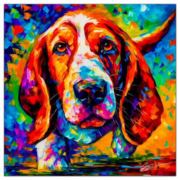 Colorful Basset Hound portrait in modern art style, perfect for home decor.