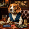 Beagle wearing a vest seated at a casino bar table with poker chips, drinks, cards, and humorous dog-themed gambling accessories.
