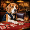 Beagle dog in tuxedo at poker table with cards, chips, and bourbon glass in upscale bar scene