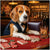 Beagle dog in tuxedo at poker table with cards, chips, and bourbon glass in upscale bar scene