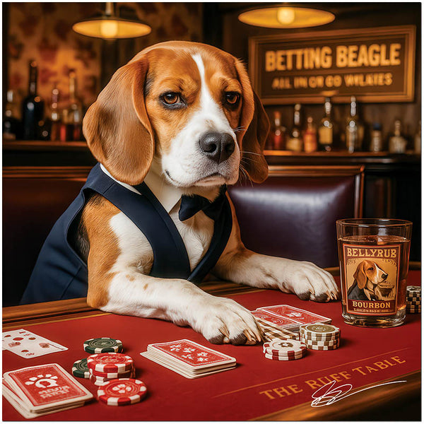 Beagle dog in tuxedo at poker table with cards, chips, and bourbon glass in upscale bar scene