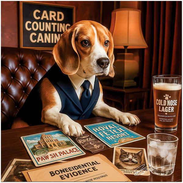 Card Counting Canine Beagle in Suit Playing Poker at Bar