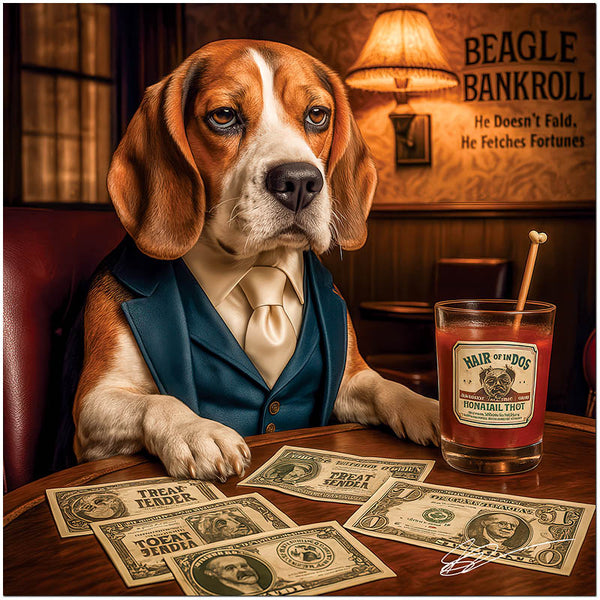 Beagle Bankroll Dog in Suit Enjoying Cocktail with Canine Money at Bar