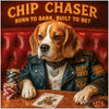 Chip Chaser Beagle Dog in Leather Jacket Playing Poker at Bar Scene