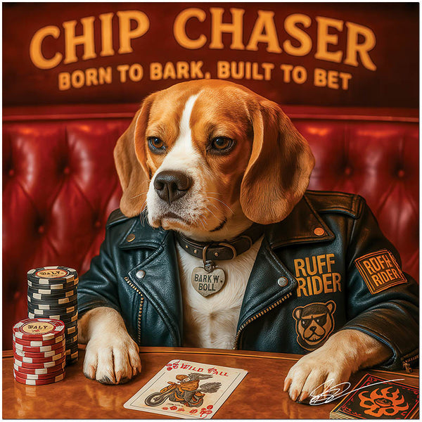 Chip Chaser Beagle Dog in Leather Jacket Playing Poker at Bar Scene