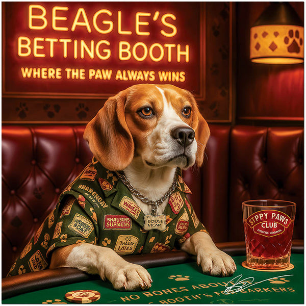 Beagle's Betting Booth Dog Playing Poker at Elegant Casino Bar