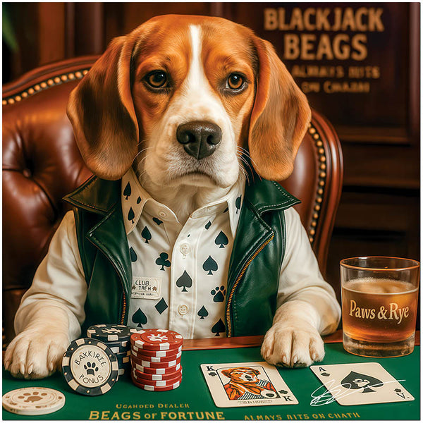 Blackjack Beags Beagle Dog Dealing Poker with Whiskey in Casino Lounge