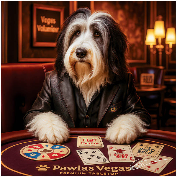 Vegas Volumizer Bearded Collie Dog playing cards at a luxury Vegas casino table