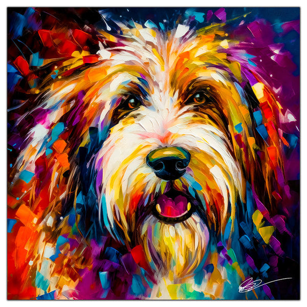 Colorful Bearded Collie portrait in modern art style, perfect for home decor.