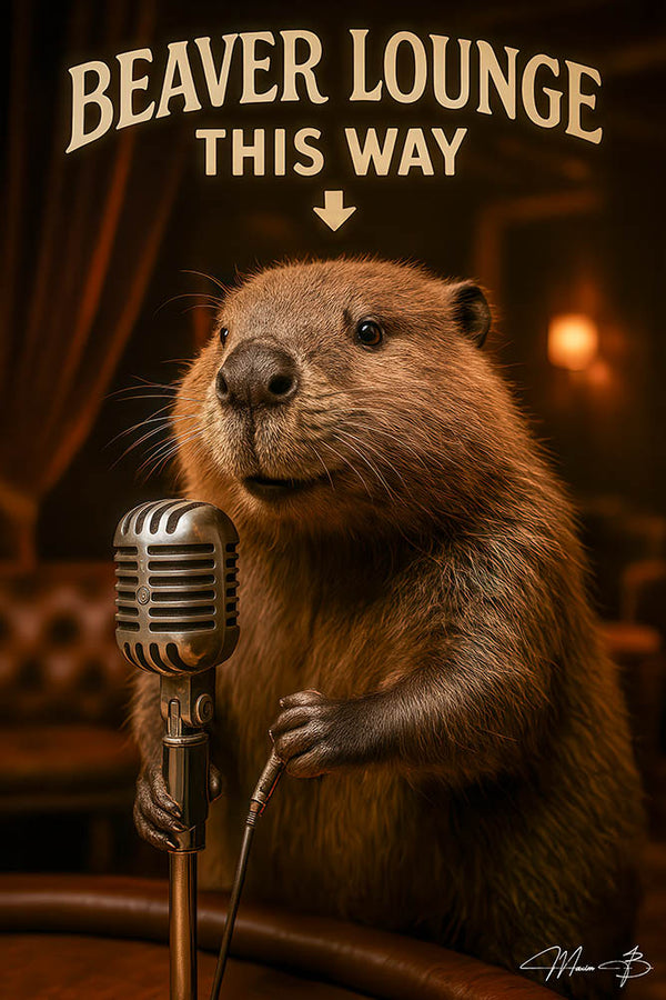 Humorous beaver holding vintage microphone in lounge setting metal print artwork