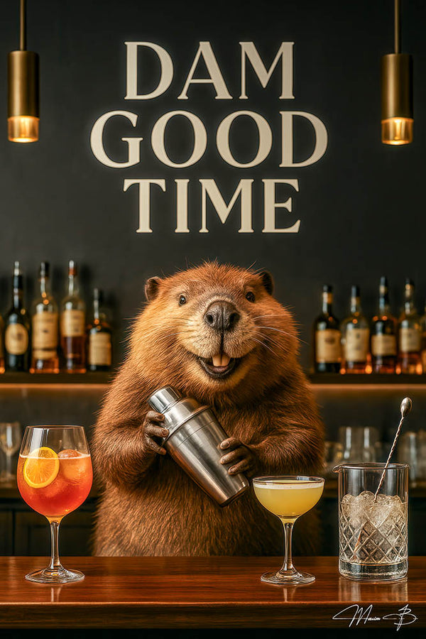 Playful bartender beaver mixing cocktails in bar metal print wall art