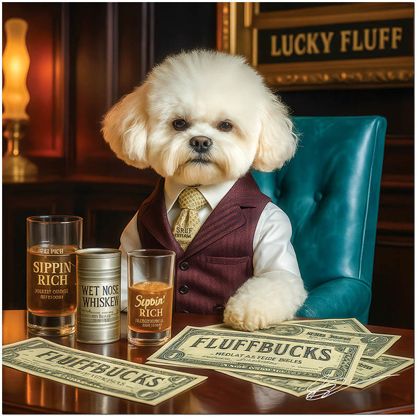 Lucky Fluff Bichon Frise dog at luxury bar sipping whiskey surrounded by money