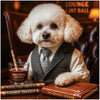 Sophisticated Bichon Frise dog in elegant lounge sipping cocktail with ledger book