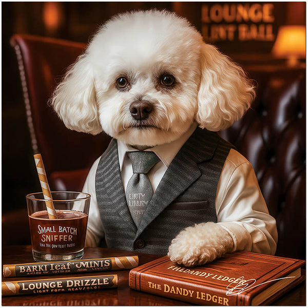 Sophisticated Bichon Frise dog in elegant lounge sipping cocktail with ledger book