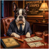 Boston Terrier artwork titled Showstopper Stripes on ChromaLuxe Metal, showcasing an executive flair.
