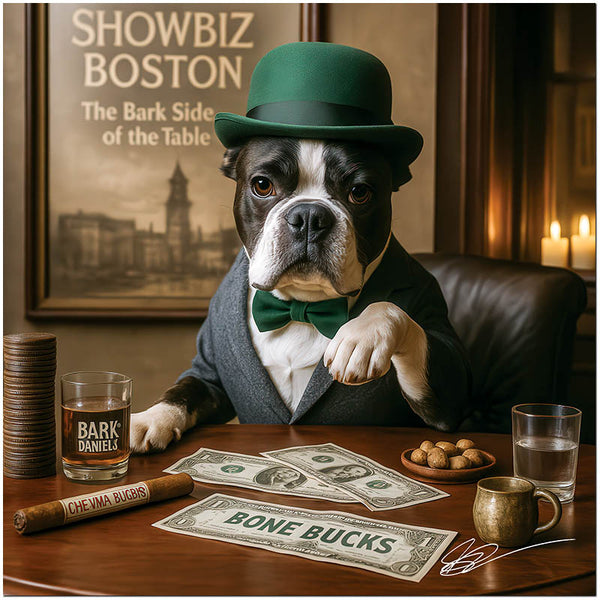 Boston Terrier artwork titled Showbiz Boston on ChromaLuxe Metal, showcasing vintage bar charm.
