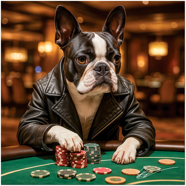 Boston Terrier artwork titled Betting Boston on ChromaLuxe Metal, featuring a vintage poker scene.