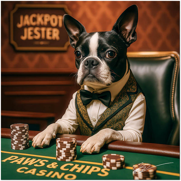 Boston Terrier artwork titled Jackpot Jester on ChromaLuxe Metal, featuring casino-themed décor.