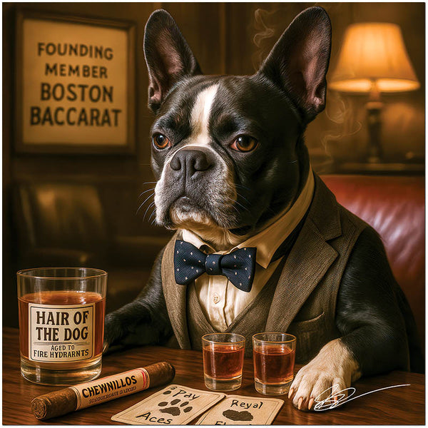 Boston Terrier artwork titled Baccarat Boston on ChromaLuxe Metal, showcasing an elegant casino card scene.