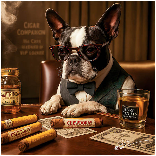 Boston Terrier artwork titled Cigar Companion on ChromaLuxe Metal, featuring an upscale vintage cigar lounge scene.