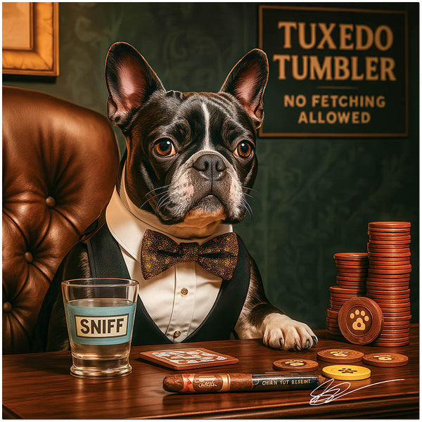 Boston Terrier artwork titled Tuxedo Tumbler on ChromaLuxe Metal, featuring an upscale vintage poker lounge scene.