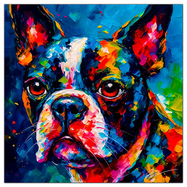 Colorful Boston Terrier portrait in modern art style, perfect for home decor.