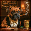 Smoky Stogie Slobber" Boxer dog in a tuxedo smoking a cigar in a vintage bar scene