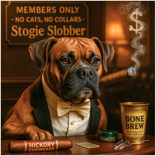 Smoky Stogie Slobber" Boxer dog in a tuxedo smoking a cigar in a vintage bar scene