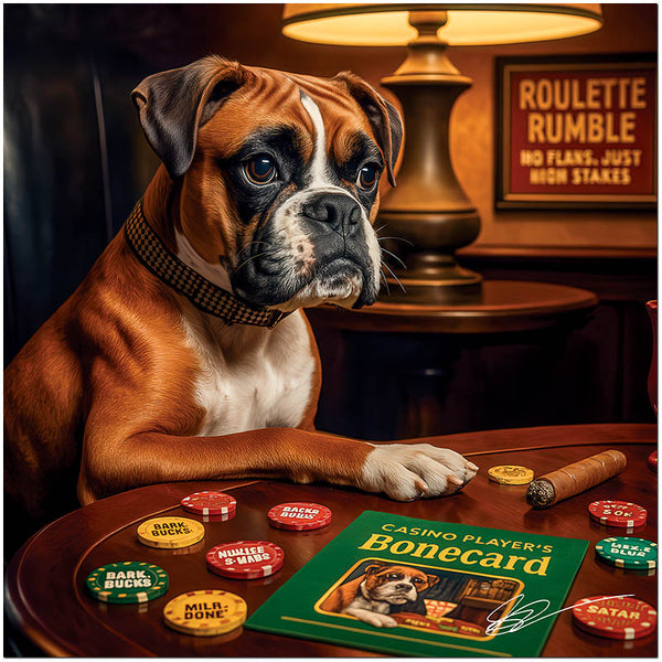Roulette Rumble Boxer dog casino-themed artwork printed on ChromaLuxe Metal