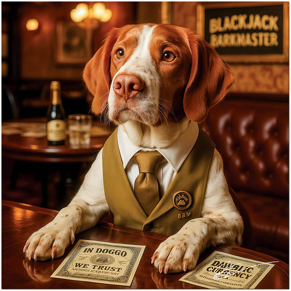 Brittany dog in elegant attire at blackjack table with canine currency