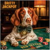 Brittany dog with bowtie playing poker at casino table, humorous art print