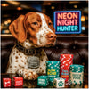 Brittany dog with neon lights and poker chips in bar-themed humorous artwork