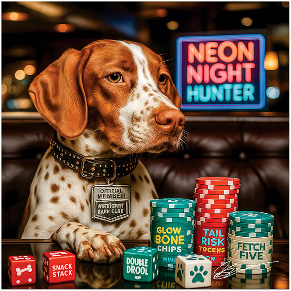 Brittany dog with neon lights and poker chips in bar-themed humorous artwork