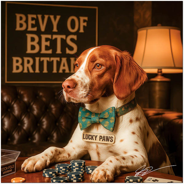 Humorous Brittany dog at poker table with lucky paws bowtie artwork