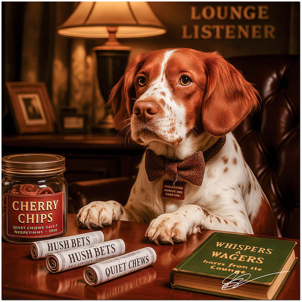 Sophisticated Brittany dog in a lounge setting with bowtie and gambling props artwork
